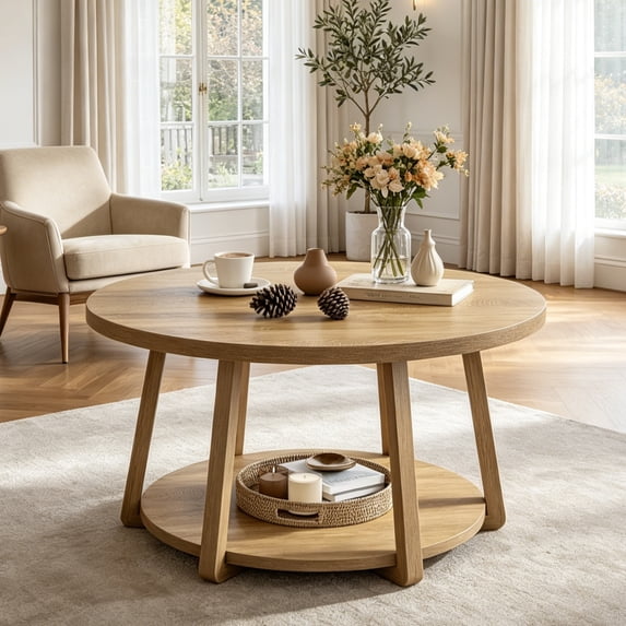 Fnova 2-Tier Round Coffee Table with Storage & Wood Legs, 31.5 Inch Mid-Century Center Table, Accent Cocktail Table for Living Room, Bedroom, Office