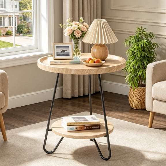 Fnova 2-Tier Round Side Table, Modern Industrial End Table with Metal Legs, Small Accent Snack Table for Living Room, Bedroom, Small Spaces, Easy Assembly