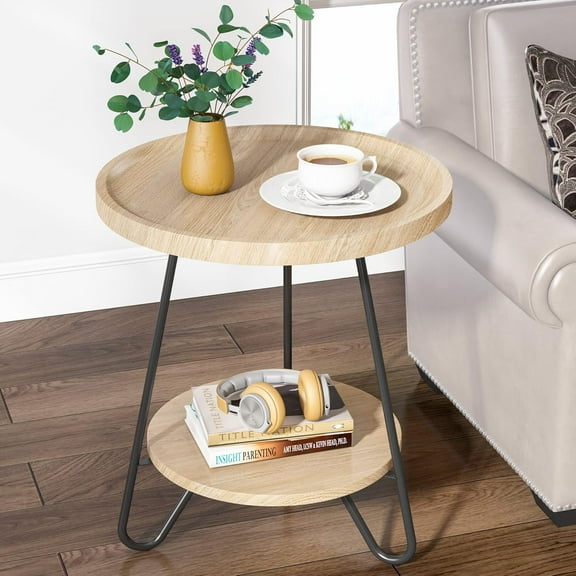 Fnova 2-Tier Round Side Table, Modern Industrial End Table with Metal Legs, Small Accent Snack Table for Living Room, Bedroom, Small Spaces, Easy Assembly