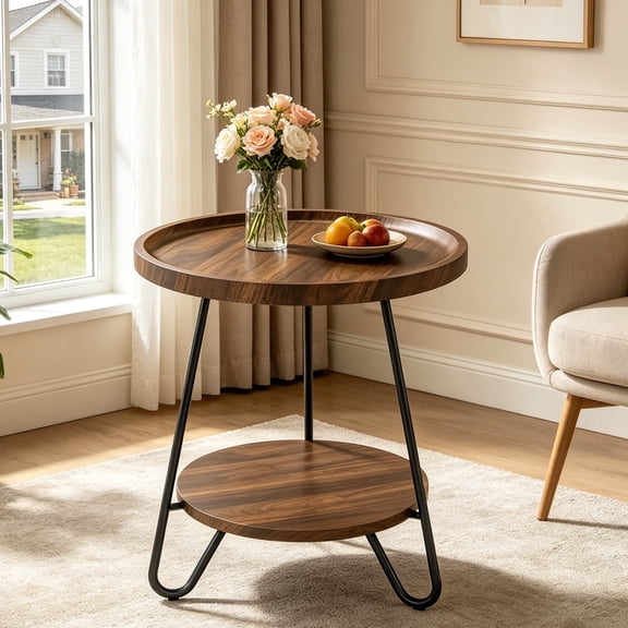 Fnova 2-Tier Round Side Table, Modern Industrial End Table with Metal Legs, Small Accent Snack Table for Living Room, Bedroom, Small Spaces, Easy Assembly