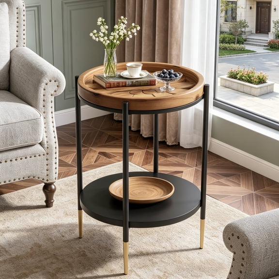 Fnova 2-Tier Round Side Table with Solid Wood & Metal Frame, Industrial Accent Table, Nightstand, Bedside Table for Living Room, Bedroom, Small Spaces, Study Room, Rustic Brown