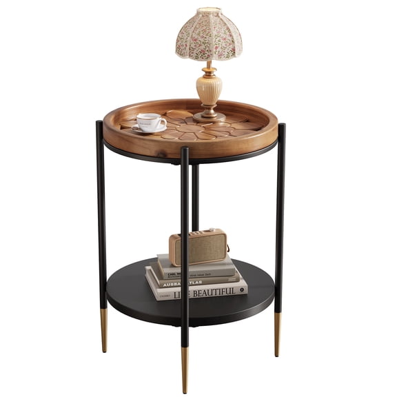 Fnova 2-Tier Round Side Table with Solid Wood & Metal Frame, Industrial Accent Table, Nightstand, Bedside Table for Living Room, Bedroom, Small Spaces, Study Room, Rustic Brown