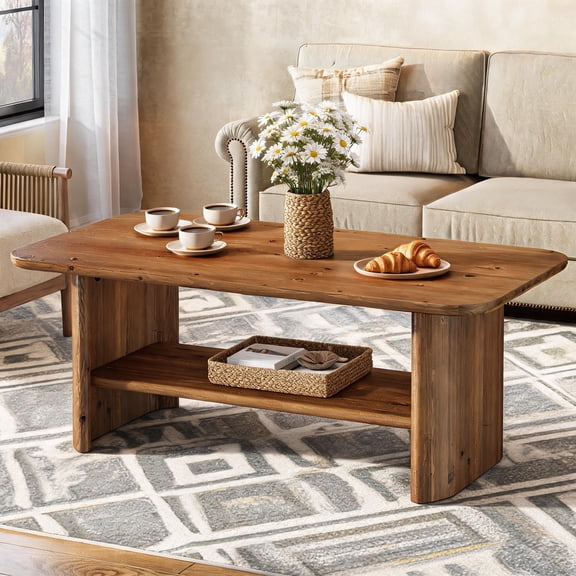 Fnova 2-Tier Solid Wood Coffee Table for Living Room, 47" Rectangle Center Furniture with Storage Shelf, Brown