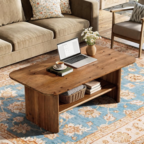 Fnova 2-Tier Solid Wood Coffee Table for Living Room, 47" Rectangle Center Furniture with Storage Shelf, Brown