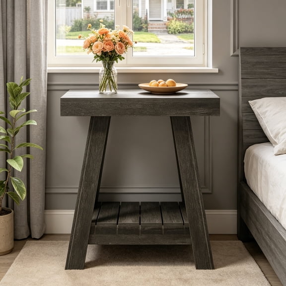 Fnova 2-Tier Wooden End Table, Farmhouse Narrow Side Table with Storage Shelf, Accent Sofa Table, Nightstand for Living Room, Bedroom, Small Spaces, Entryway