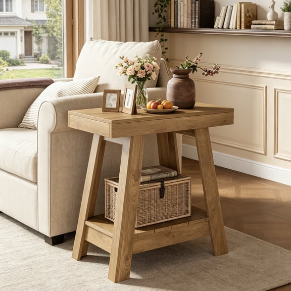 Fnova 2-Tier Wooden End Table, Farmhouse Narrow Side Table with Storage Shelf, Accent Sofa Table, Nightstand for Living Room, Bedroom, Small Spaces, Entryway
