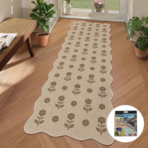 Fnova 2'x6' Washable Runner Rug, Non-Slip OEKO-TEX Certified Jute Rug with Scalloped Edge for Kitchen, Hallway, Entryway, Bedroom, Living Room & High Traffic Areas