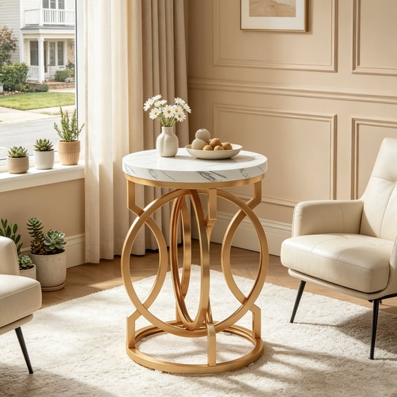 Fnova 20 Inch Modern Round Gold Side Table, Faux Marble Top, O-Shaped Base, Mid-Century Accent Table, Nightstand Bedside Table for Living Room, Bedroom, Small Spaces
