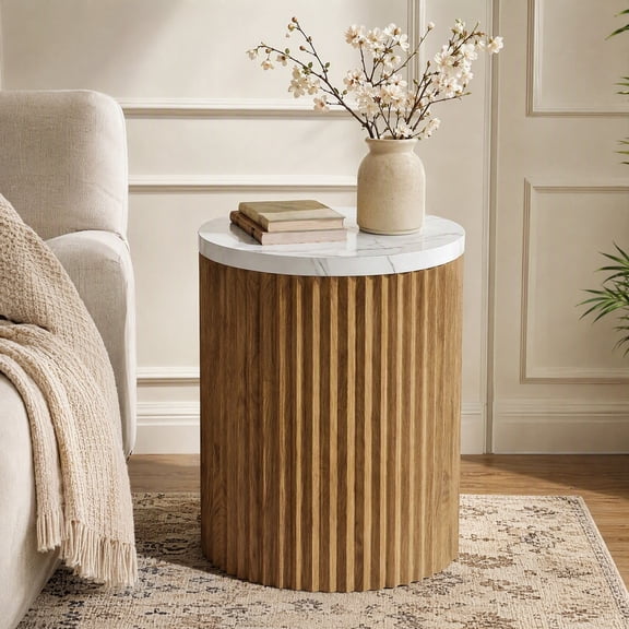 Fnova 23.6" Round End Table, Drum Shape Side Table with Faux Marble Tabletop, Farmhouse Small Nightstand for Living Room, Bedroom, Brown