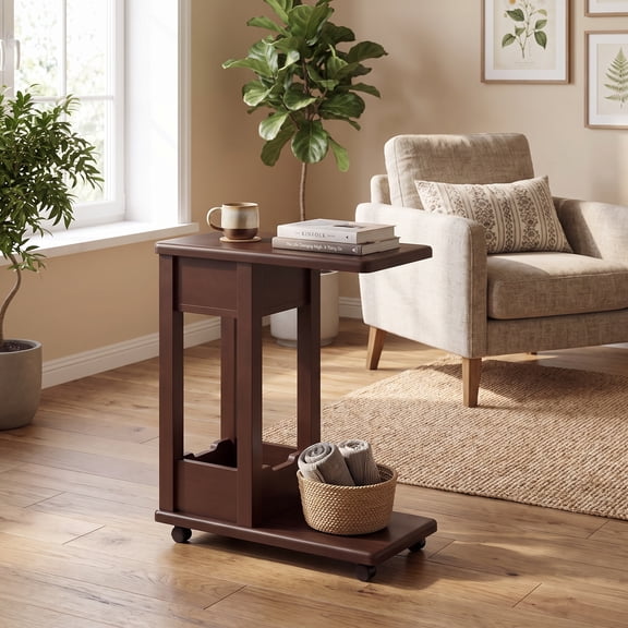 Fnova 23.62Inch CShaped Rolling Side Table, Lockable SwivelCaster End Table with BuiltIn Tissue Holder & MultiStorage Compartments for Sofa Side, Living Room, Bedroom