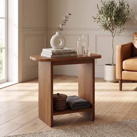 Fnova 23.62‑Inch H‑Shaped Solid‑Wood End Table, 2‑Tier Side Table with Curved Rounded Corners for Living Room, Bedroom