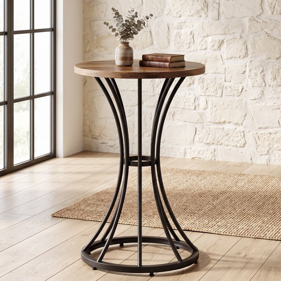 Fnova 23.62" Round Bar‑Height Pub Table, Curved‑Ribbon Metal Base, Industrial High‑Top Bistro Table for Home Bar, Dining Area, Rec Room