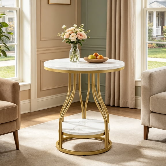 Fnova 23" Round End Table, Modern 2-Tier Side Table with Storage and Metal Frame, Small Bedside Table for Living Room, Bedroom, White Gold