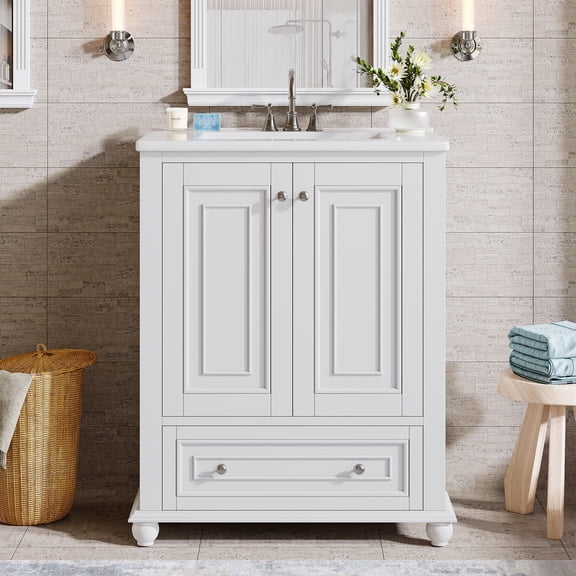 Fnova 24" Bathroom Vanity with Ceramic Sink Combo, Freestanding Bathroom Storage Vanity Cabinet with 2 Doors & 1 Drawer, Solid Wooden Frame & Coated Surface, Metal Handle, White