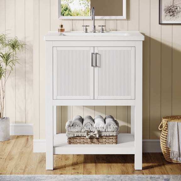 Fnova 24" Bathroom Vanity with Sink, Modern Bathroom Sink Cabinet with Ceramic Basin for Small Space, Freestanding Storage Cabinet with 2 Doors & 1 Open Shelf, White