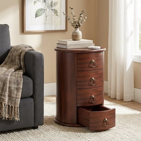 Fnova 25.59" Solid Wood Nightstand, Round Side Table with 4 Drawers, Mid-Century Modern End Table, Bedroom Storage Organizer Furniture for Living Room Bedroom(No Assembly Required)