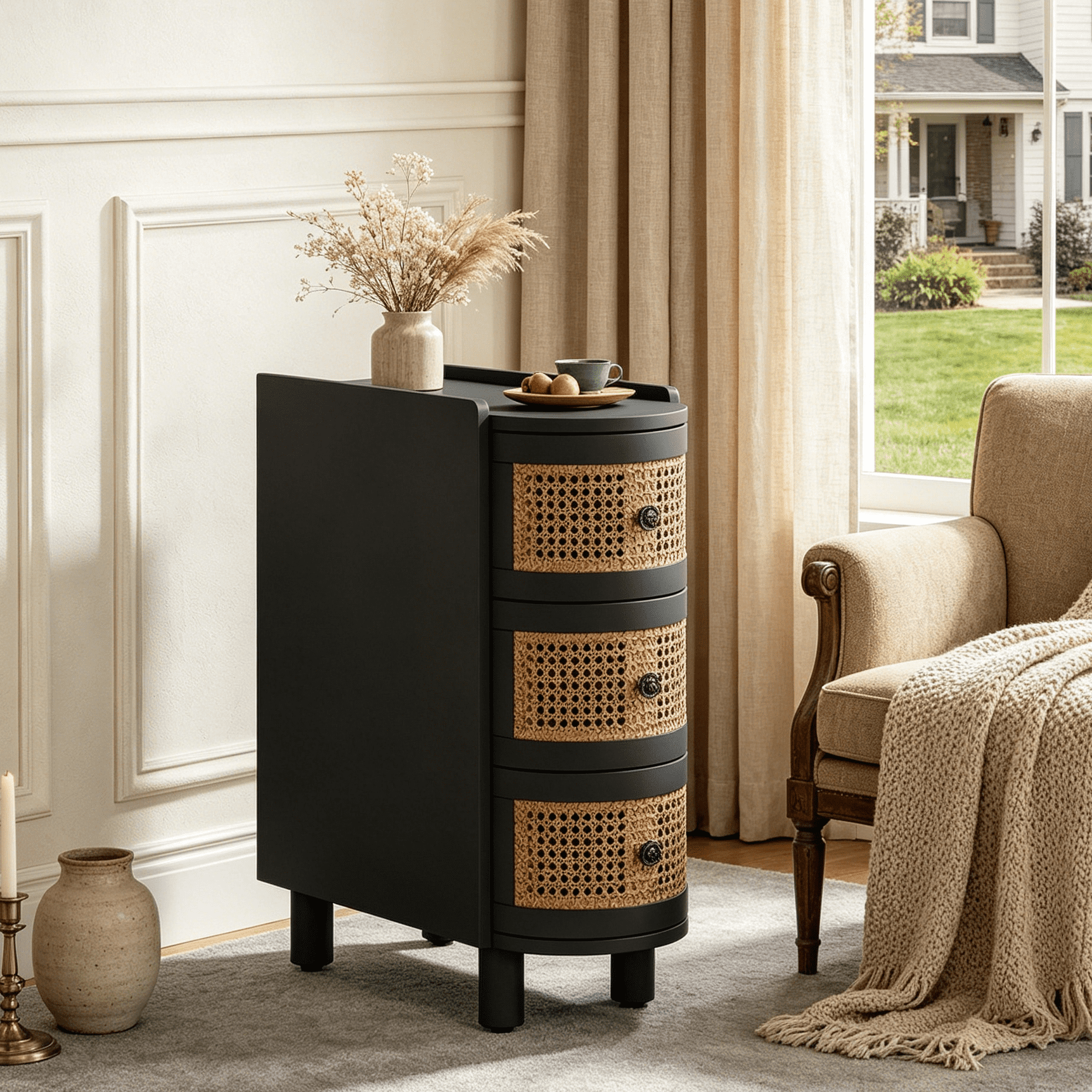 Fnova 26" Solid Wood End Table, Farmhouse Side Table with 3 Rattan Drawers, Slim Sofa Table Nightstand with Vintage Embossed Handles for Living Room, Bedroom, Finished Back, No Assembly