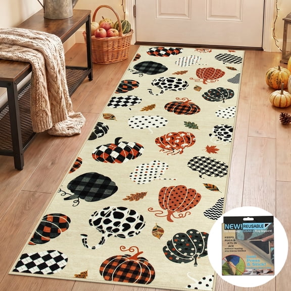Fnova 2x6 Washable Halloween Pumpkin Print Cute Area Rugs, Non-Slip Rug for Bedroom, Kitchen, Oeko-Tex Certified, Light Grey