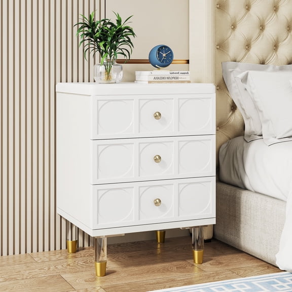 Fnova 3-Drawer End Table, Beside Table with Metal Legs, Sideboard for Bedroom/Living Room/Home Office, Easy Assembly
