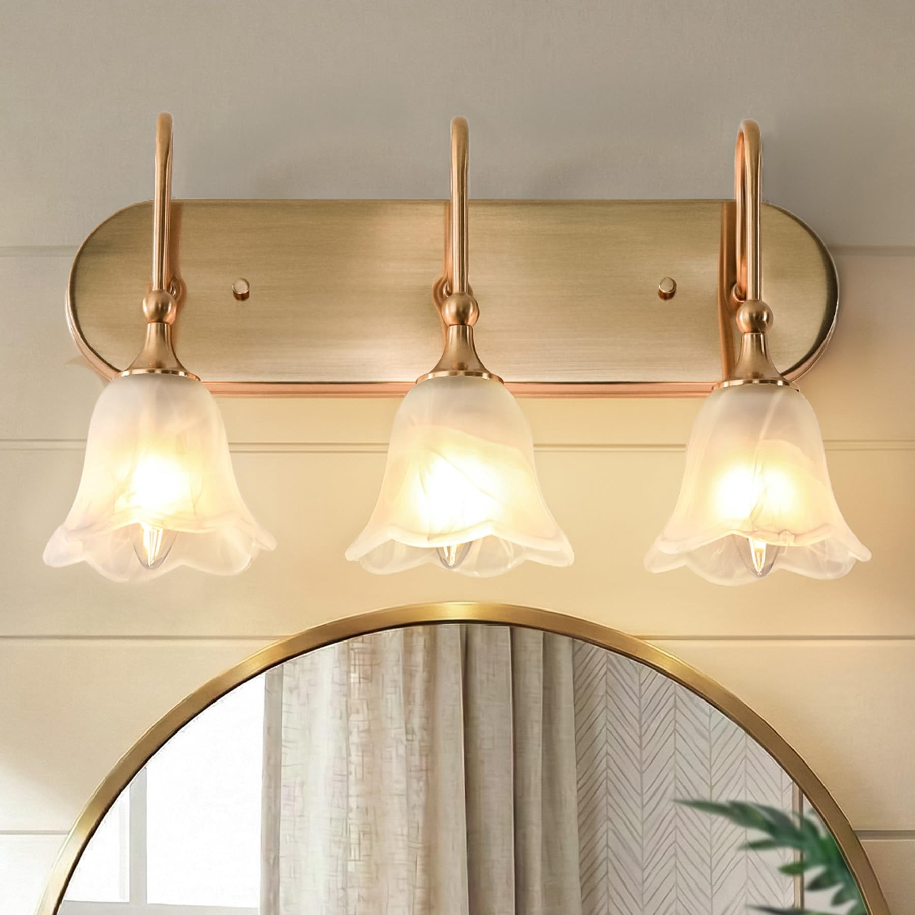 Fnova 3-Light Gold Bathroom Light Fixtures, Modern Wall Lights with Petal-shaped Glass Shades, Wall Sconce Lamp for Mirror Bedroom (E12 Base)
