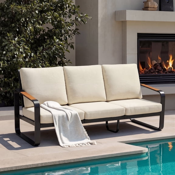 Fnova 3-Person Outdoor Sofa, Heavy Duty Metal Patio Couch with Thick Cushions, Weather-Resistant Outdoor Seating Furniture for Patio, Backyard, Porch and Garden