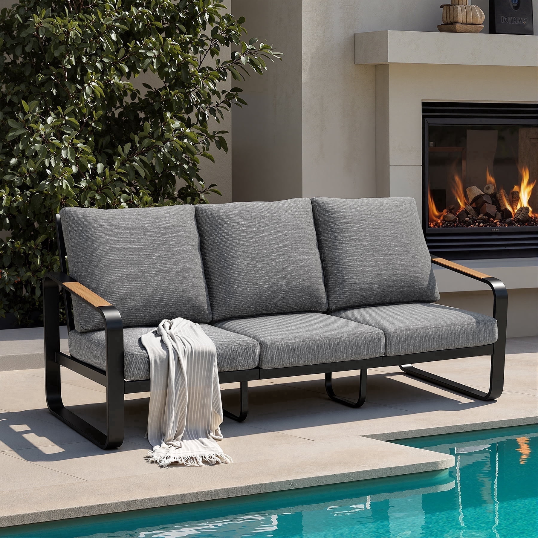 Fnova 3-Person Outdoor Sofa, Heavy Duty Metal Patio Couch with Thick Cushions, Weather-Resistant Outdoor Seating Furniture for Patio, Backyard, Porch and Garden