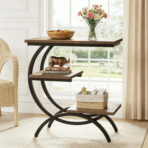 Fnova 3-Tier C-Shaped End Table, Modern Industrial Wooden Side Table with Metal Frame, for Living Room, Bedroom, Entryway