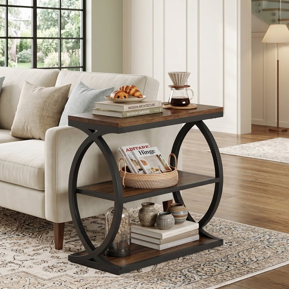 Fnova 3-Tier End Table, Industrial Wooden Side Table with Metal Frame, Bedside Nightstand for Bedroom, Small Spaces, Rustic Brown