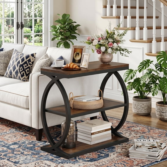 Fnova 3-Tier End Table, Industrial Wooden Side Table with Metal Frame, Bedside Nightstand for Bedroom, Small Spaces, Rustic Brown