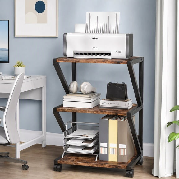 Fnova 3-Tier Printer Stand, Industrial Rolling Printer Cart for Home Office, Brown