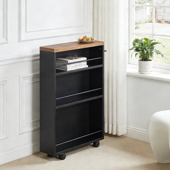Fnova 3-Tier Rolling Storage Cart, Farmhouse Narrow Kitchen Storage Solution with Lockable Casters & Pull Handle, Metal Frame for Kitchen/Bathroom/Home Office/Laundry, Easy Assembly