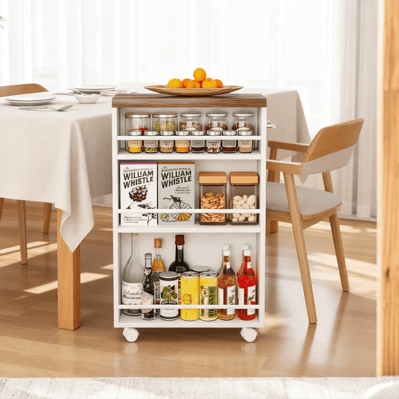 Fnova 3-Tier Rolling Storage Cart, Farmhouse Narrow Kitchen Storage Solution with Lockable Casters & Pull Handle, Metal Frame for Kitchen/Bathroom/Home Office/Laundry, Easy Assembly