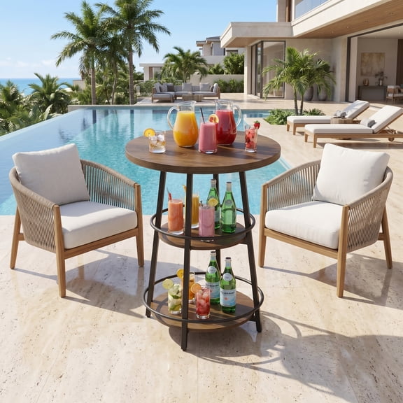 Fnova 3-Tier Round Bar Table, Outdoor Indoor High Top Table with Sturdy Metal Frame, 35.43" Bistro Table Pub Table with Storage Shelves, Brown&Black