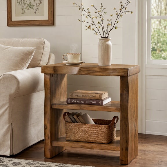 Fnova 3-Tier Solid Wood End Table, Farmhouse Bedside Table for Small Spaces, Brown