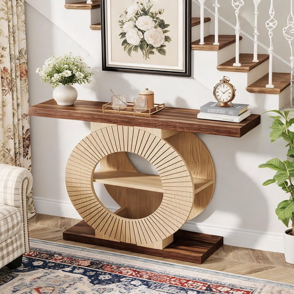 Fnova 3-tier Console Table with Storage Shelves, Narrow Entryway Sofa Table with Circle Base for Living Room Hallway, Brown & Walnut