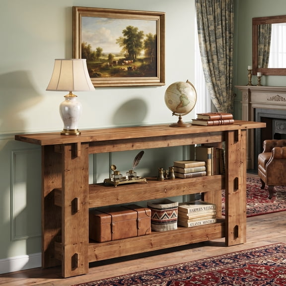 Fnova 3-tier Solid Wood Console Table, 63" Farmhouse Sofa Table for Living Room, Hallway, Foyer, Rustic Brown