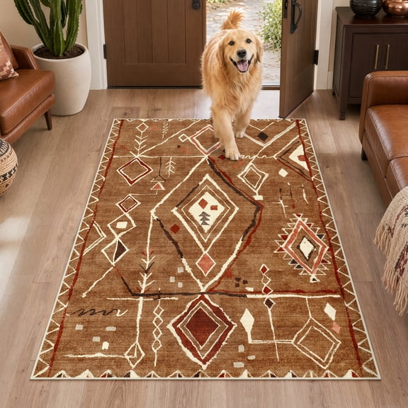 Fnova 3'x5' Boho Western Washable Rug, Low-Pile Aztec Non-Slip Area Rug Dining Carpet, Oeko-Tex Certified, Brown
