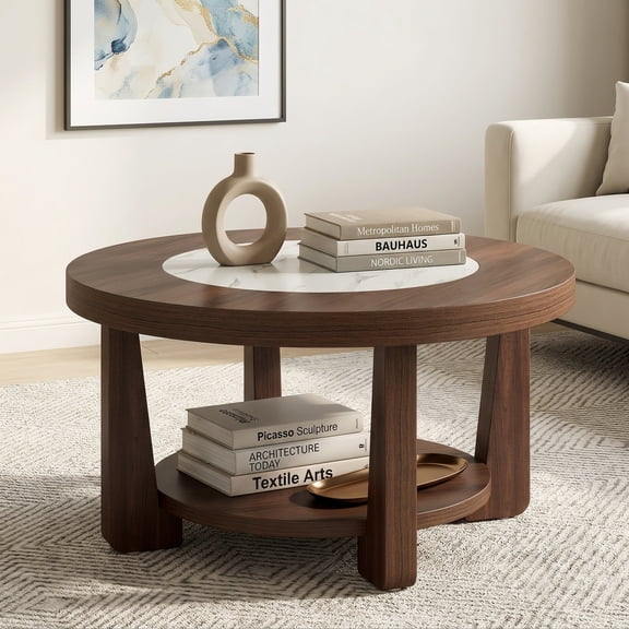 Fnova 31.5‑Inch Round Coffee Table, Double‑Tier Storage Shelf, Faux‑Marble Inlaid Tabletop, Sturdy Wide‑Leg Frame for Living Room, Apartment, Home Lounge