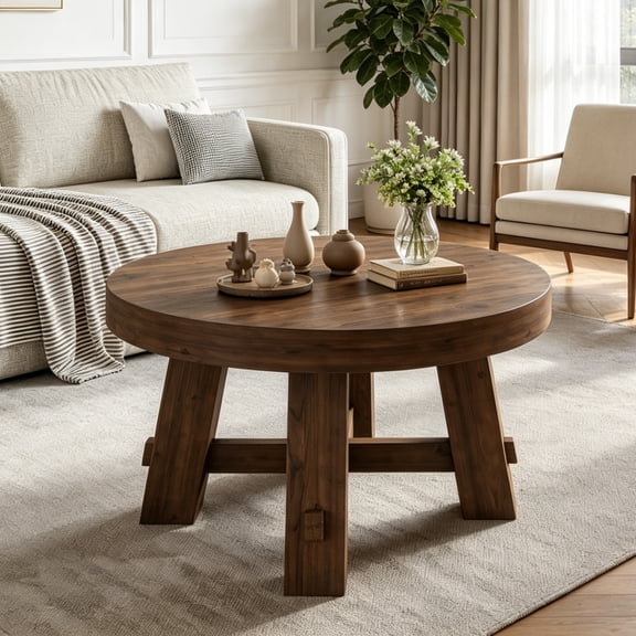 Fnova 31.5 Inch Solid Wood Round Coffee Table, Farmhouse Circle Center Table with Thick Top & Sturdy Legs, Accent Tea Table for Lounge, Living Room, Brown