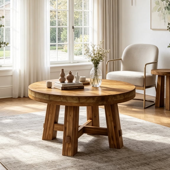 Fnova 31.5 Inch Solid Wood Round Coffee Table, Farmhouse Circle Center Table with Thick Top & Sturdy Legs, Accent Tea Table for Lounge, Living Room, Dark Brown