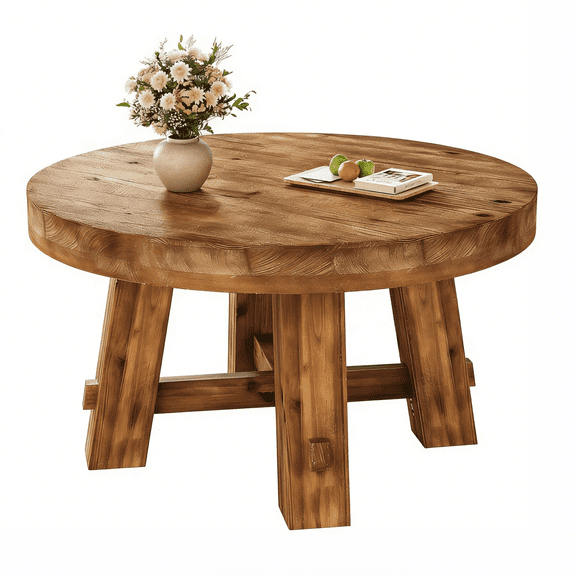 Fnova 31.5 Inch Solid Wood Round Coffee Table, Farmhouse Circle Center Table with Thick Top & Sturdy Legs, Accent Tea Table for Lounge, Living Room, Dark Brown