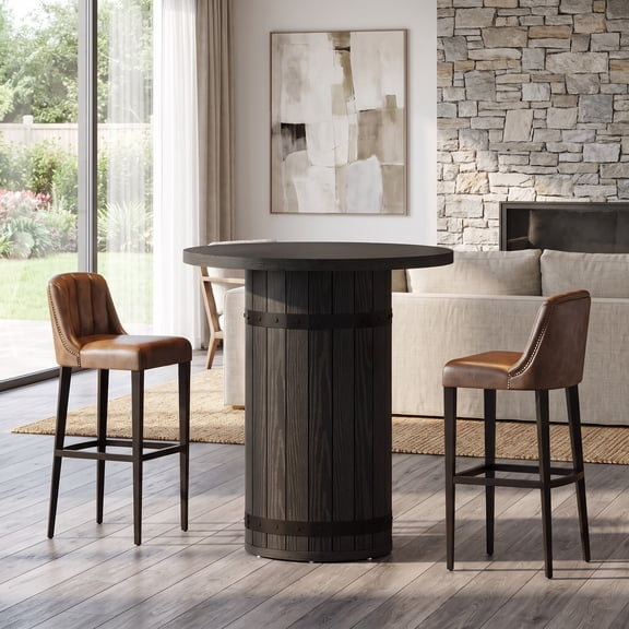 Fnova 31.5" Round Bar‑Height Pub Table, Whiskey‑Barrel‑Shaped Slatted Pedestal Base, Rustic Wood‑Grain Counter Table, Multipurpose High Table for Home Bar, Kitchen, Living Room, Game Room