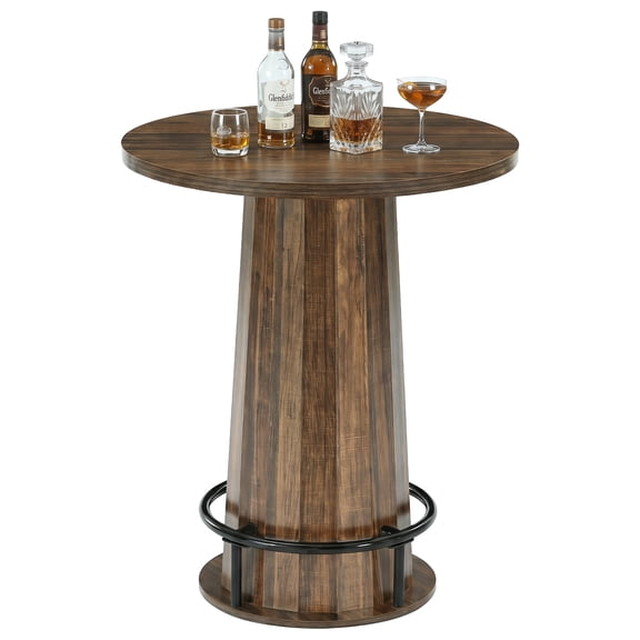 Fnova 31.5" Round Bar Table, 37.4" H Pub Table with Metal Footrest, Industrial Farmhouse Bar Height Table for Kitchen Dining Room Home Pub