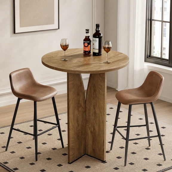 Fnova 31.5" Round Bar Table, Farmhouse High Top Home Bar Unit Cocktail Table for Pub, Bistro, Kitchen, Small Space, Brown