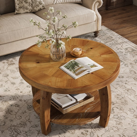 Fnova 31.5" Round Coffee Table, 2-Tier Solid Wood Center Table with Storage for Living Room, Easy Assembly, Brown