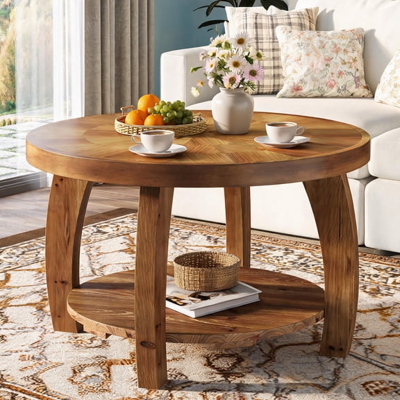 Fnova 31.5" Round Coffee Table, 2-Tier Solid Wood Center Table with Storage for Living Room, Reception, Easy Assembly, Brown