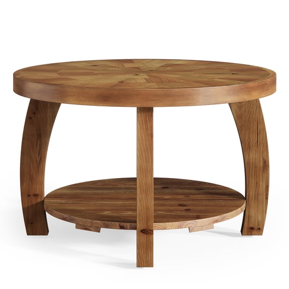 Fnova 31.5" Round Coffee Table, 2-Tier Solid Wood Center Table with Storage for Living Room, Reception, Easy Assembly, Brown