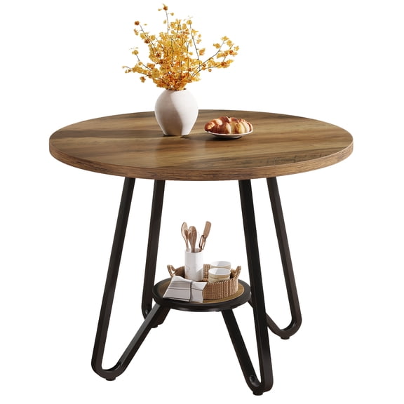 Fnova 31.5" Round Dining Table for 2 People, Small Kitchen Table with Double Storage Shelves, Industrial Dinner Table for Dining Room, Kitchen, Small Spaces, Apartment, Home Office
