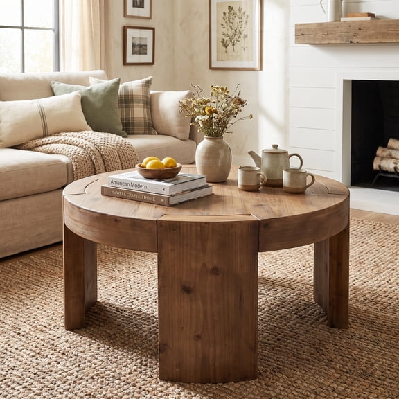 Fnova 31.5" Round Solid Wood Coffee Table, Farmhouse Center Table with Natural Wood Grain, Cocktail Tea Table for Living Room, Rustic Brown