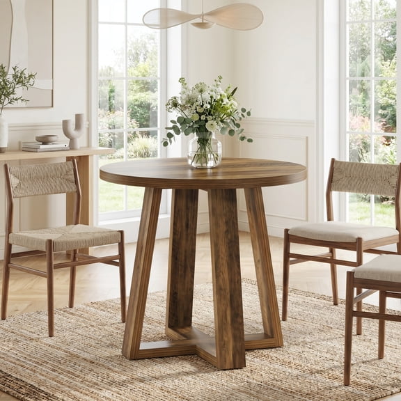 Fnova 31.5" Small Round Dining Table Coffee Table for 2-4 People, Farmhouse Kitchen Table for Dining Room, Kitchen, Apartment, Rustic Brown (Chairs Not Included)